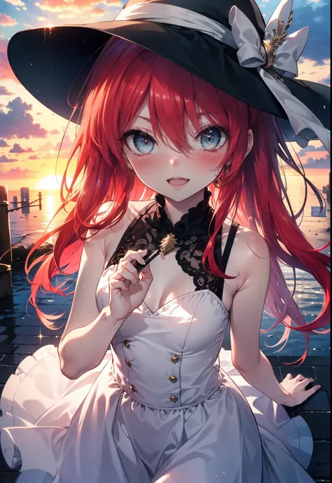 Shana,灼眼のShana,Ahoge,Long Hair,Red hair, Red Eyes:1.5, Small breasts,smile,blush,Open your mouth,Sleeveless dress,Bare shoulders,bare clavicle,Bare neck,Rocket Pendant,White hat,Long skirt,Cute heeled sandals,Looking down from above,sunset,evening,The sun ...