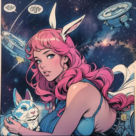 ultimate best quality,beautiful woman,speech bubble,big brest,galaxy,60s,70s,80s,colorful,cosmo,space,rabbit,