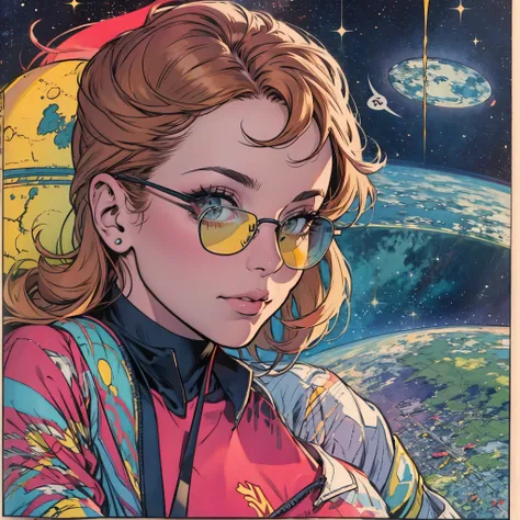 ultimate best quality,beautiful woman,speech bubble,big brest,galaxy,60s,70s,80s,colorful,cosmo,space,sunglass