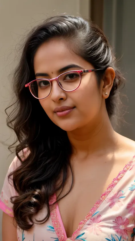 extreme closeup photo of ntg avika gor seductive look, pink floral nightdress, nerd glasses