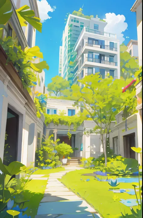 Every corner of the villa courtyard is covered with new greenery，The green leaves sway gently in the breeze，A dragonfly stands quietly on the lotus,Blue sky and white clouds，The high-rise building looming in the distance，Full HD, high quality