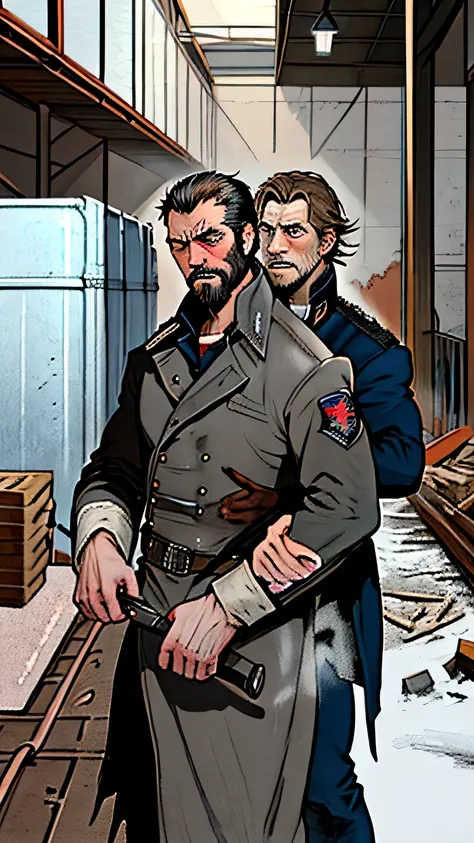 1860, vintage american color comic, Cold, winter, detailed drawing, Inside a dilapidated warehouse, Javert confronts Valjean in a tense standoff. Valjean grips a large wrench, ready to defend himself