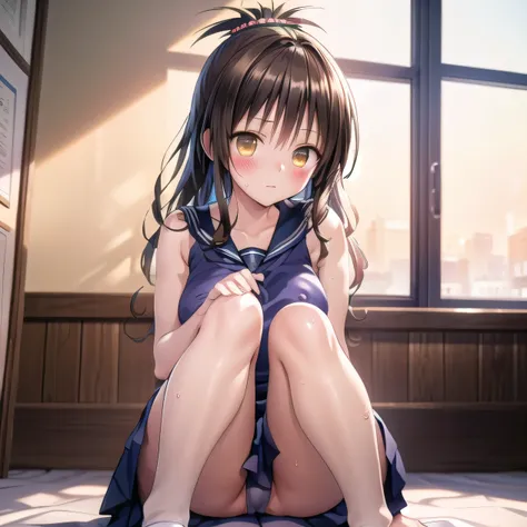 realistically, solo, brown eyes, ponytail, glowing eyes, white short skirt, extra short skirt, Blush, daytime, Wet from the rain, see through, sleeveless shirt, nipples, pussy, crotch, embarrass, Sit with 2 knees up, windy, yuki mikan, the skirt is turned ...