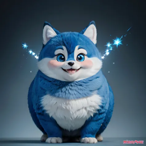 energetic character with a round face and big, expressive eyes. He has a mischievous grin and always seems to have a spark of excitement in his eyes. His fur is a vibrant shade of blue, and he has a fluffy tail that wags enthusiastically.