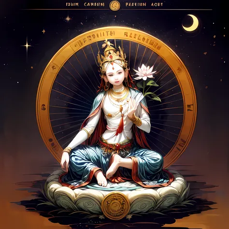 (( dumu,1girl)),mantra,ocean,stars,starry sky,rainbow,night,sun,crown,necklace,circle,sitting on lotus,(lotus),jewelry,bracelet,crescent moon,earrings,magic circle,flower,bird,