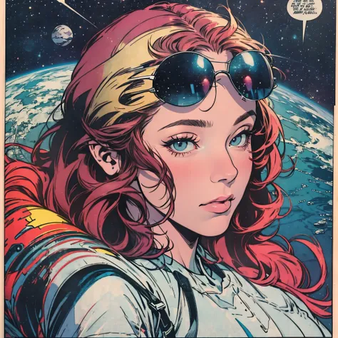 ultimate best quality,beautiful woman,speech bubble,big brest,galaxy,60s,70s,80s,colorful,cosmo,space,sunglass