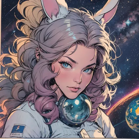 ultimate best quality,beautiful woman,speech bubble,big brest,galaxy,60s,70s,80s,colorful,cosmo,space,((rabbit)),