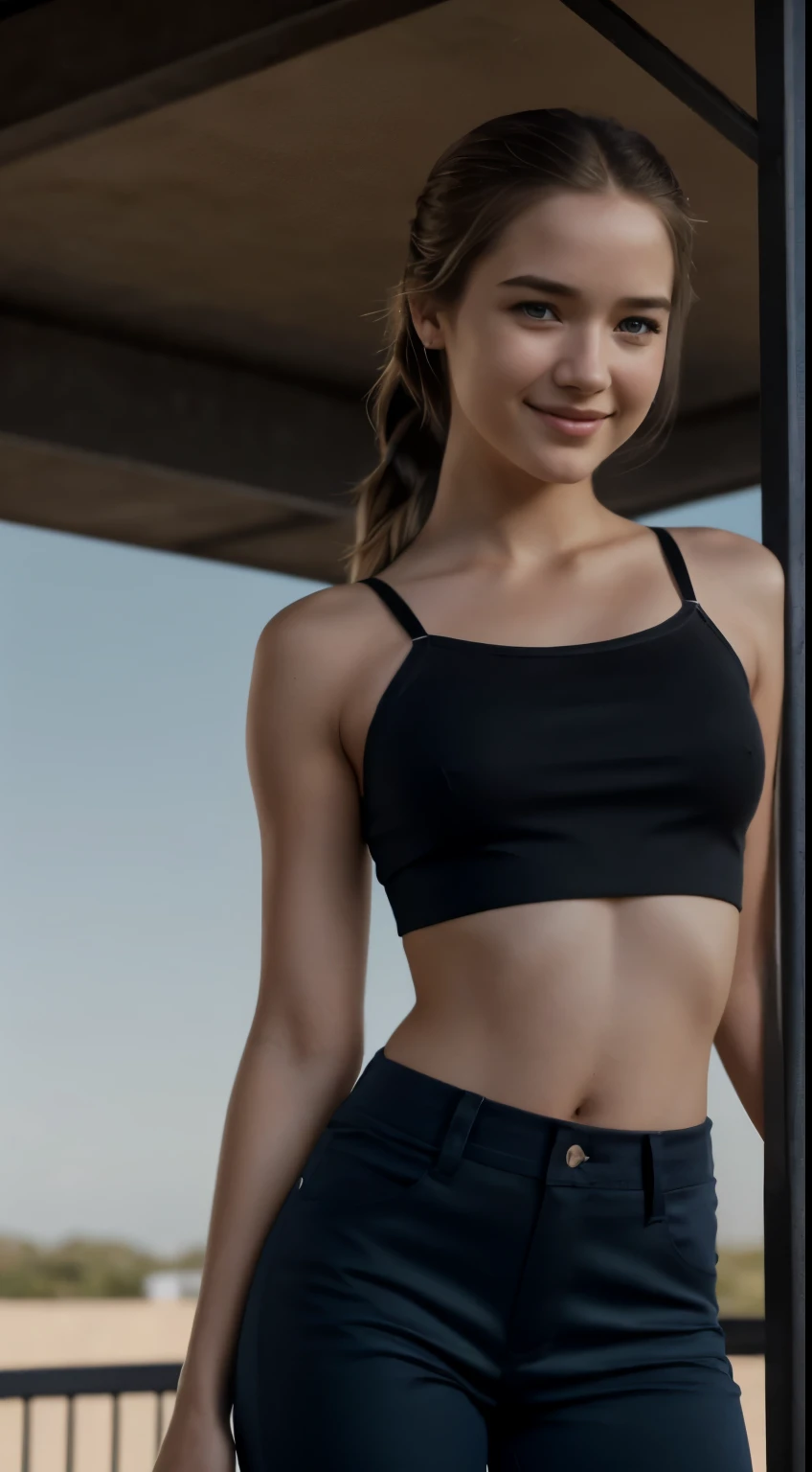 Foto hiperrealista en primer plano de Willa Fitzgerald, masterpiece, best quality, (photorealistic:1.4), full body,  (black luxury crop top on straps:1.2) and (blue pants:1.2),  collage campus, cinematic light, beautiful woman, skinny, small breasts, strai...