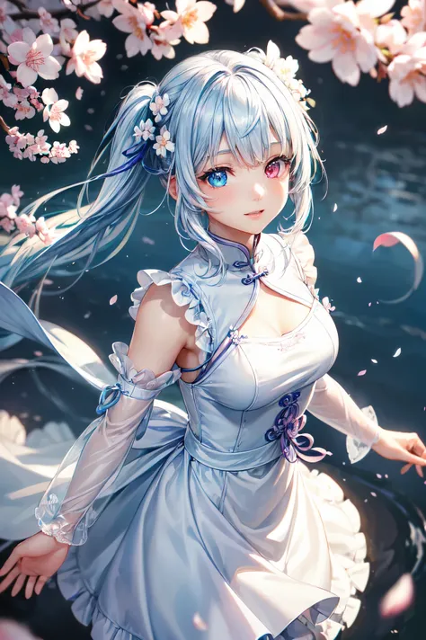 1 girl、bluish-silver hair、(Heterochromia Iridum (drooping iris),Shineing eyes:1.4)、、10 years old、Big smile、thin、Blurred Background、Shine、shine hair、(spring、Cherry blossom petals dancing in the wind、From above、There&#39;The Girl Behind the Cherry Blossoms:1...