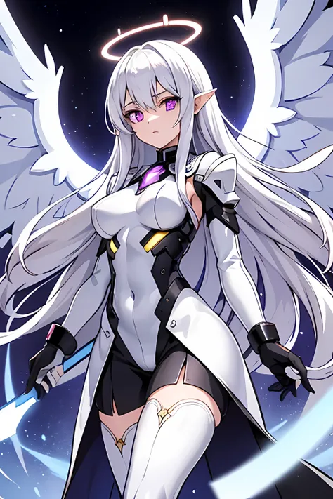 1girl, an anime girl with long white hair, anime art, an anime drawing, purple eyes, tall woman, high quality, thin body, multiple wings, angel, six wings, hands behind back, head wings, glowing eyes, halo, black thighhighs, bright pupils, white clothes, t...