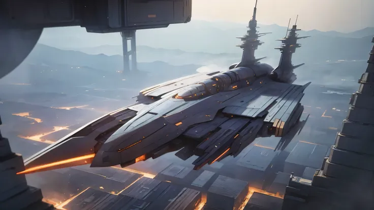 Ultra detailed, ulta realistic, best quality, masterpiece, futuristic, futuristic city, big spacecraft, grey spacecraft