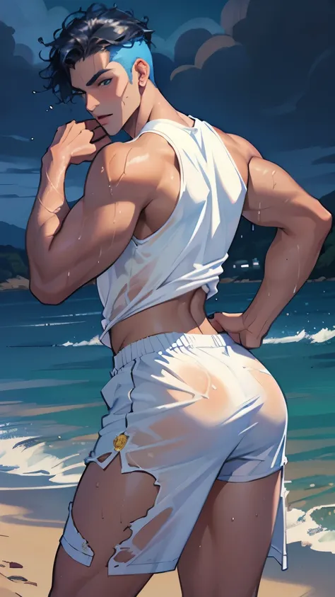 (((1 guy))),((extremely cute and beautiful boy)), watercolor, Peter Pan examines the buttocks of a 17-year-old Brazilian boy,(((big ass))),((curly hair,short hair))),(((tanned skin,shiny skin,very shiny body,plastic shiny skin,exaggerated ,lit skin,wet leg...