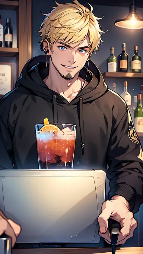 最high quality、Best image quality、masterpiece、male((20-year-old、Blonde、Shortcuts,Black hoodie、Blue denim trouseressy Hair、Muscle chamber、smile、earphone jack,beard、Macho)),high quality、Beautiful art、background((Disco、Cocktail Bar))、Flight、Flying debris、Writt...