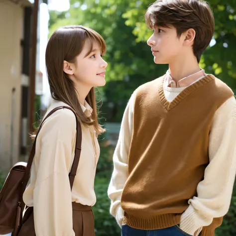 A light brown-haired girl and a brown-haired boy stand side by side。