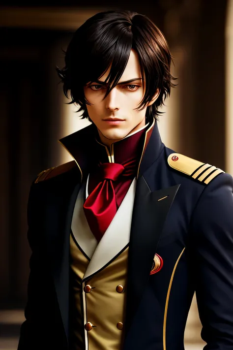 HD wallpaper 3.2k shoot of Lelouch Lamperouge (Code Geass), ANIMATED CHARACTER, (Detailed face:1.2), (realistic facial features), sharp features, brown hair, glasses, military uniform, red ascot, folded arms, intense gaze, (dramatic lighting:1.3), (perfect...