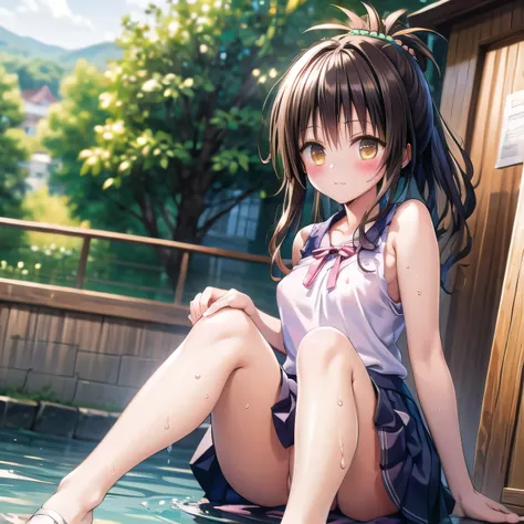 realistically, solo, brown eyes, ponytail, glowing eyes, white short skirt, extra short skirt, Blush, daytime, Wet from the rain, see through, sleeveless shirt, nipples, pussy, crotch, embarrass, Sit with 2 knees up, windy, yuki mikan, the skirt is turned ...