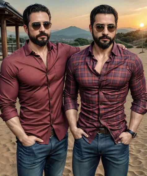 Obra maestra, desenfoque de campo, Parte superior del cuerpo, Hands in pants pockets , Two 38 year old men with beards and square sunglasses... Men dressed in a plaid shirt at an action movie in Japan with a sunset in the background.