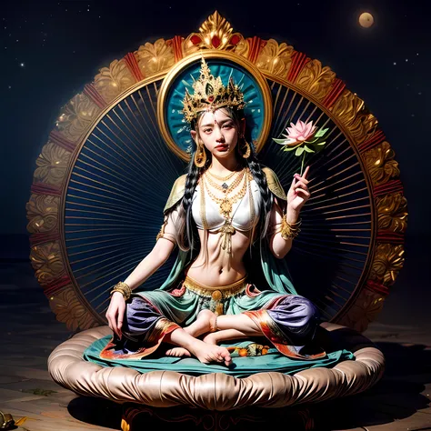 (( dumu,1girl)),ocean,stars,starry sky,rainbow,night,sun,crown,necklace,circle,sitting on lotus,(lotus),jewelry,bracelet,crescen...