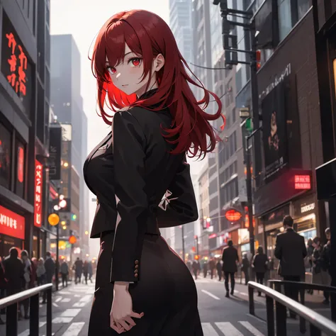 1girl, medium red hair, red eyes, wearing a black suit , city, absurdres, high res, ultrasharp, 8K, masterpiece, looking at viewer from behind