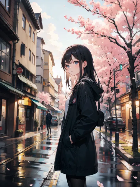 A girl，Long hair,Beautiful and delicate eyes，fluttering eyelashes，Hands in pockets，Solitary，on the street，There are cherry blossoms on the side of the road，Light rain in the sky，partly cloudy，Bright street view，The colors in the painting are bright and vib...