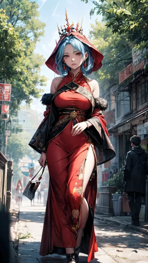 A woman and man, wearing a red dress and a crown respectively, are walking on the street. The artwork is in the style of Guweiz, created by Yang Jie and popular on CGStation. The art style is a cyberpunk geisha, with beautiful and captivating anime women. ...