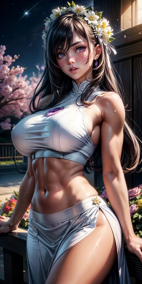 realistic, 1girl, hair round big tits. slightly muscular body, hot sexy body, white, purple eyes, shining eyes, crop top, skirt, open lips, blush, night, flowers, sun, sunshine,