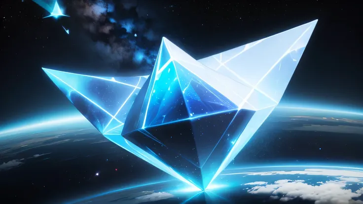 Developing triangles floating in space, glowing blue-white