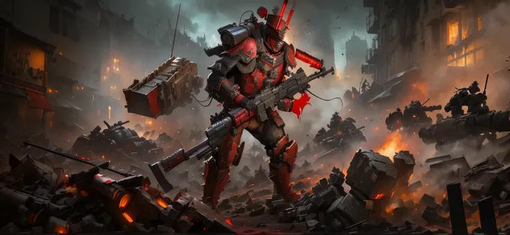 There is a man in a red suit holding a machine gun, From the Vermintide 2 video game, warhammer 4 0 k artwork, Soldiers come under heavy fire, author：Ludwik Konarzewski Jr., Warhammer 40k style, fps game concept art, Detailed game art illustrations, Heavy ...