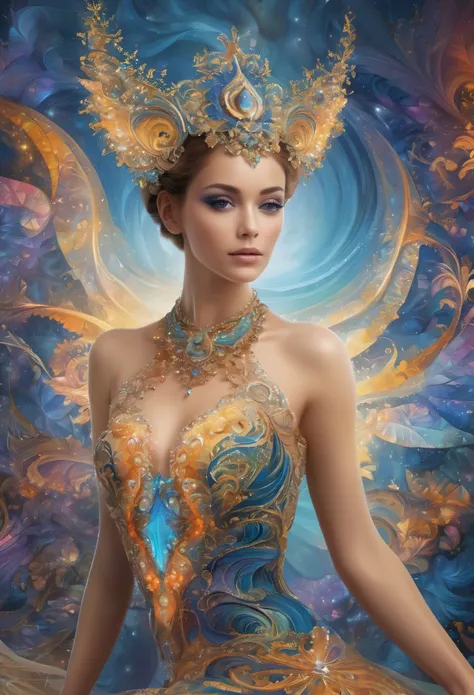 a beautiful woman adorned in fractal-inspired attire against a backdrop embellished with fractal elements, exuding an air of mys...