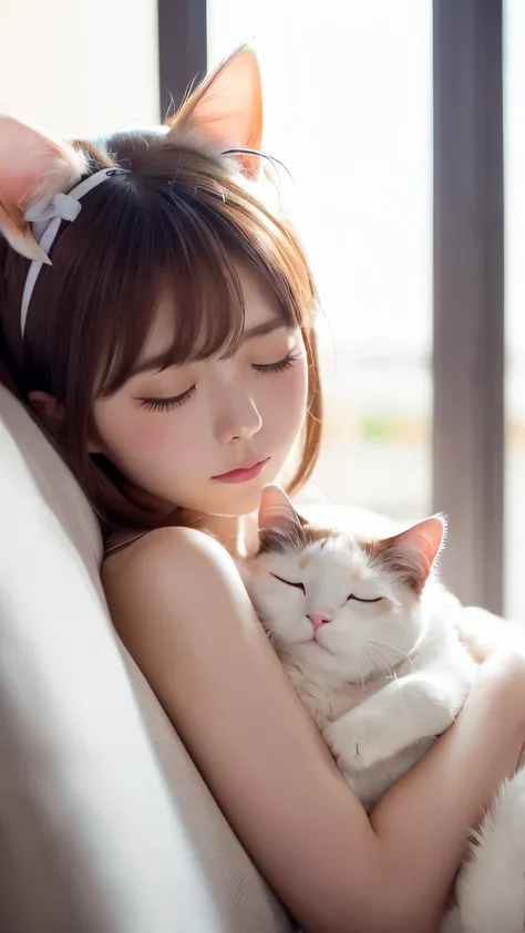 masterpiece, 4k, Bokeh, (Kawaii:1.5), (Beautiful girl:1.3), (Japanese idle:1.6), (Cat ear:1.3) , (white onepiece:1.3),  Blushed face, looking at the viewer, cowboy shot, (Hold pretty slleeping white cat :1.5), (Close eyes:1.3), (white background :1.4), 