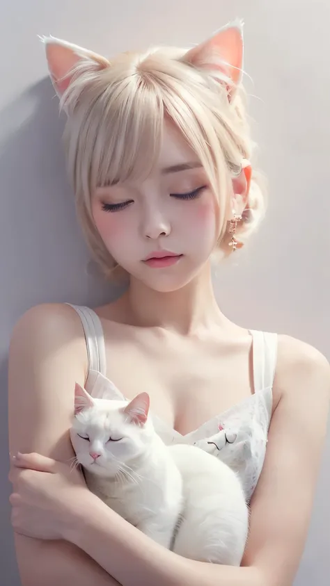 masterpiece, 4k, Bokeh, (Kawaii:1.5), (Beautiful girl:1.3), (Japanese idle:1.6), (Cat ear:1.3) , (white onepiece:1.3),  Blushed face, looking at the viewer, cowboy shot, (Hold pretty slleeping white cat :1.5), (Close eyes:1.3), (white background :1.4), 