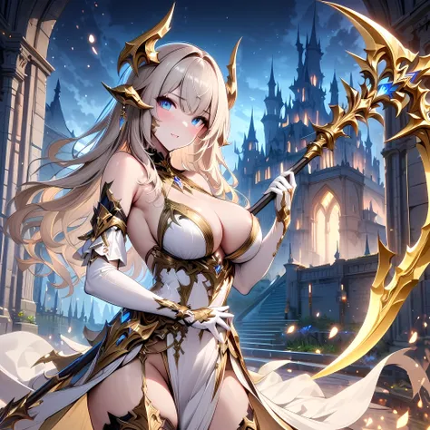 (masterpiece), best quality, expressive eyes, perfect face,1girl, bare shoulders,final fantasy xiv,au ra,(white scales,white dragon tail,white dragon horns:1,2),elbow gloves,big breasts,cleavage,(white and gold dress:1.4),castle,(night:1.1),sexy pose,bewit...