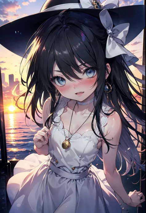 Shana,灼眼のShana,Ahoge,Long Hair,Black Hair, black eye, Small breasts,smile,blush,Open your mouth,Sleeveless dress,Bare shoulders,bare clavicle,Bare neck,Rocket Pendant,White hat,Long skirt,Cute heeled sandals,Looking down from above,sunset,evening,The sun i...