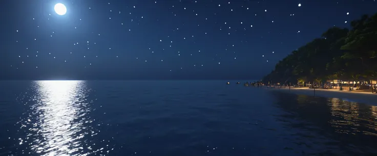 night，Deep blue waters wash the coast，The moonlight leaves dots of starlight on the sea，reflection，真实光线reflection，True ray tracing，OC Renderer，Octane renderer