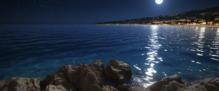 night，Deep blue waters wash the coastline，，The moonlight leaves dots of starlight on the sea，Côte dAzur，dark blue tint，reflection，真实光线reflection，True ray tracing，OC Renderer，Octane renderer