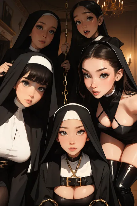 Dynamic shot, ((3 females)), A picture of 2 beautiful succubus girls and 1 sexy nun on a leash, ((2 demon girls and a nun)), nun, demons, beautiful demon girls, horror, dark, sexy, rough domination, domination, nun on a leash, bdsm, golden chains,(golden l...