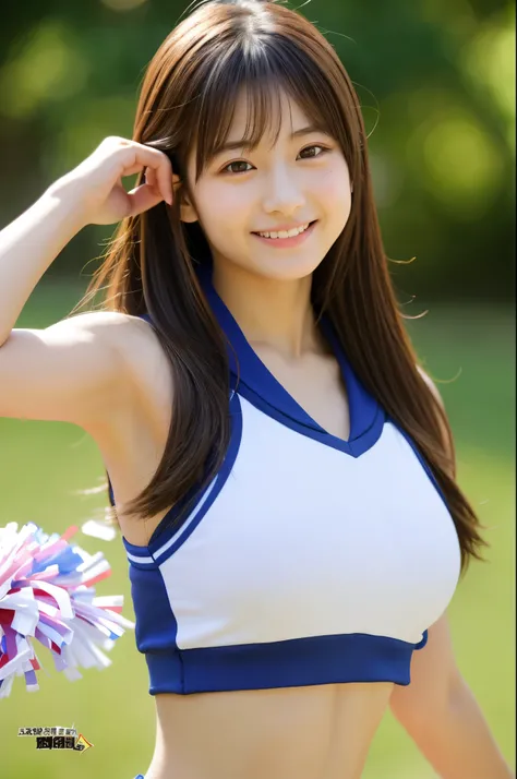 masterpiece、超High resolution、well done!、she has a very cute face and a young figure like an idol.々A 20-year-old Japanese woman with unique features、Gentle and cute、A kind smile、she&#39;Belongs to the cheerleading team、Cheerleader uniforms are bikini type、s...