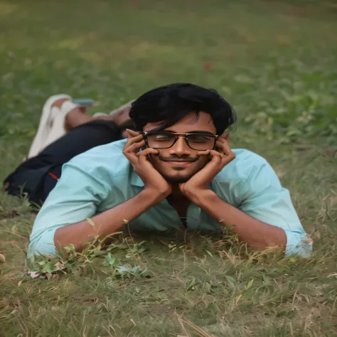 there is a man laying on the grass with his hands on his face, candid picture, with a cool pose, jayison devadas, very artistic pose, candid photo, ranjit ghosh, with funny feeling, vastayan, very clear picture, full body photogenic shot, with accurate fac...