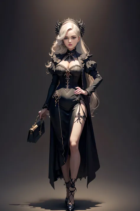 Create an extravagant full-body portrayal of a woman in Gothic style, emphasizing the "woman" theme. The design should feature Gothic elements such as lace, ribbons, and Victorian details, showcasing an elegant and intricate style. Utilize a color palette ...