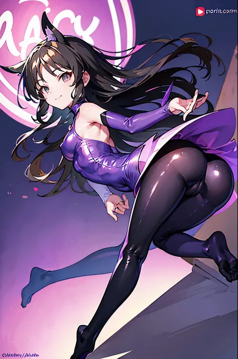 highest quality　Highest quality　draw the face carefully　Anime style high quality face　Super Glowing Skin　Black full body suit　Purple pantyhose　barefoot　Succubus　lure　smile　Rear view　Back view