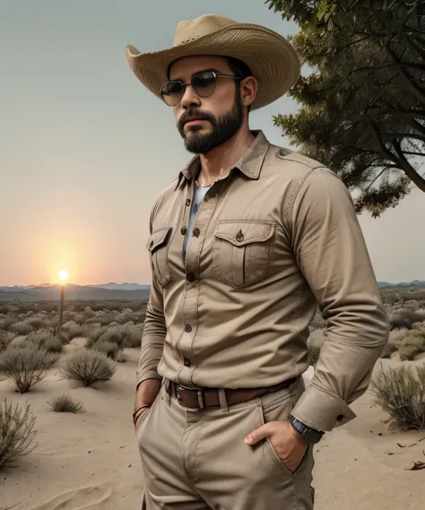 obra maestra, desenfoque de campo, parte superior del cuerpo, hands in pants pockets , 38 year old man with beard., sombrero vaq...