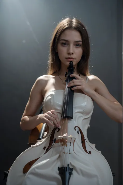 A beautiful ghostly transparent female figure made of musical notes and violin, standing on the neck of an elegant white cello, illuminated by blue light, with a black background. The design is detailed and intricate, featuring flowing lines that suggest m...