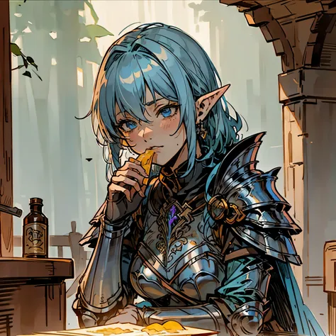 [Masterpiece, beautiful lighting, close up] Eating block of cheese, Sitting next to you in tavern, Cleddyf the elfin knight ,Strong Female elf knight, wearing metal plate armor , short light blue hair, short, neutral look, blank smile, emotionless[Face clo...