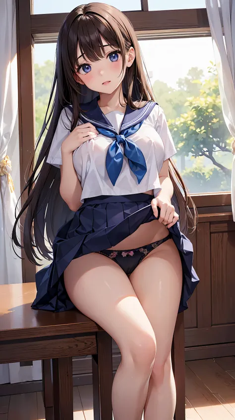 ((highest quality、High resolution、8k、masterpiece))、(((2girls))), Portrait、A beautiful woman、Perfect body、beautiful ample breasts、classroom、high school girl、Sailor suit、Embarrassed、((Lift up your skirt and show your panties))、I&#39;m tempting you