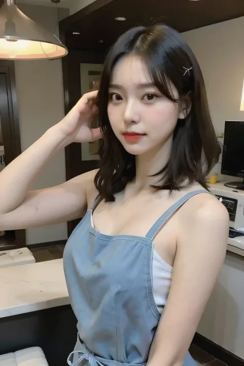 A woman is cooking、(kitchen_apron:1.Wear 3)、Good move、4K、High resolution、masterpiece、highest quality、cap:1.3、((Hasselblad Photos))、Fine skin、Sharp focus、(Cinematic lighting)、Soft lighting、Dynamic Angle、[:(Detailed face:1.2):0.2]、Medium Chest、Sweaty skin:1....