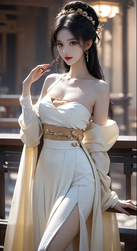 Hanfu-song, Hanfu, Song Theme, Drawstring, Pipe top, ((Bare shoulders)), ((The skirt is short, Showing off her sexy long legs)), ((whole body)), Practical, Fashion girl, Red lips, Mature women, Exquisite makeup, big eyes, beautiful, (best quality, masterpi...