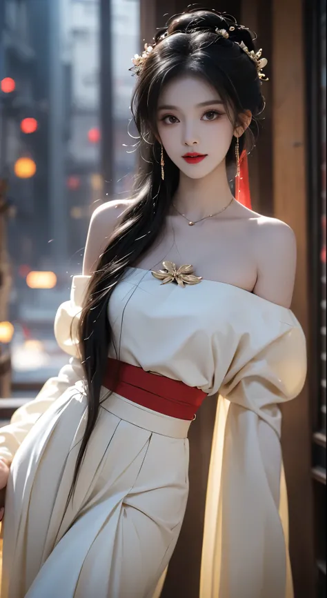 Hanfu-song, Hanfu, Song Theme, Drawstring, Pipe top, ((Bare shoulders)), ((The skirt is short, Showing off her sexy long legs)), ((whole body)), Practical, Fashion girl, Red lips, Mature women, Exquisite makeup, big eyes, beautiful, (best quality, masterpi...