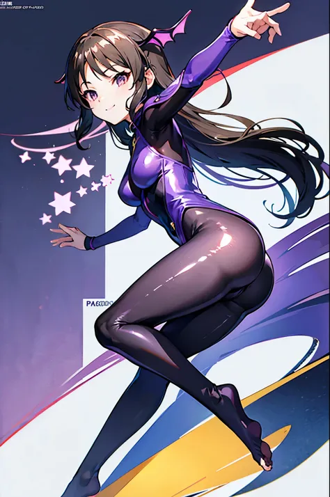 highest quality　Highest quality　draw the face carefully　Anime style high quality face　Super Glowing Skin　Black full body suit　Purple pantyhose　barefoot　Succubus　lure　smile　Rear view　Back view