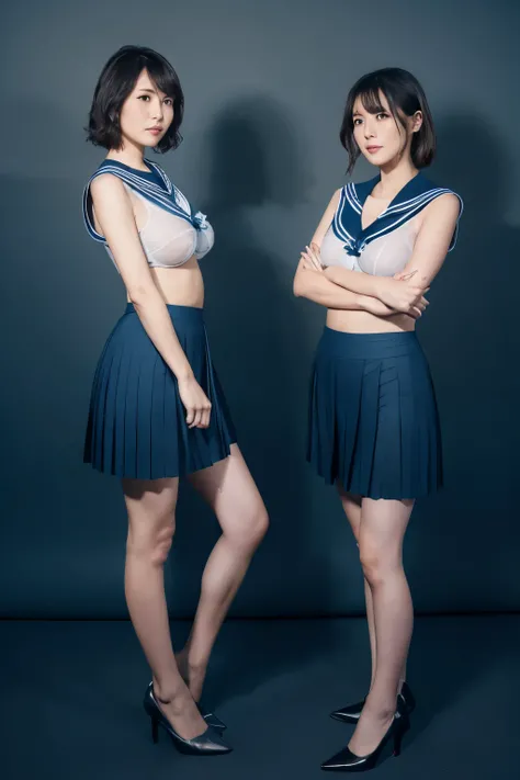 Distant view, Polaroid, out of focus, Dark Lighting, dark atmosphere, best quality, masterpiece, ultra high res, photo realistic, (((Blue background))), Two MILFs stand side by side, Full body image of 60 old Japanese prostitute, stand upright, facing the ...