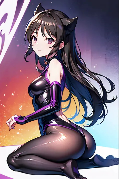 highest quality　Highest quality　draw the face carefully　Anime style high quality face　Super Glowing Skin　Black full body suit　Purple pantyhose　barefoot　Succubus　lure　smile　Rear view　Back view